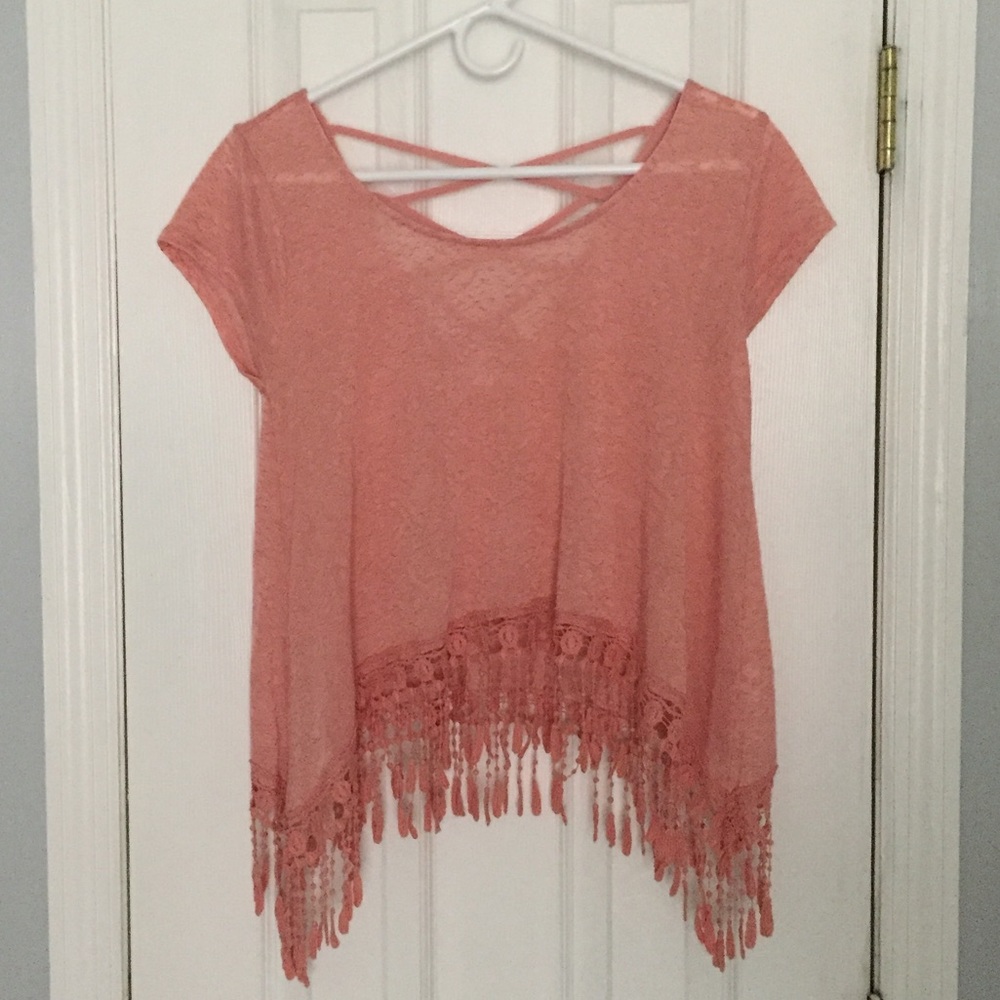 MINE - light pink crop top - lace fringe - Medium